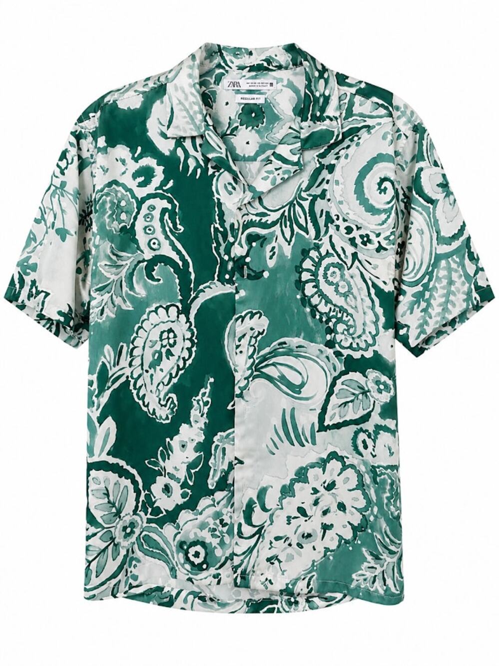 Zara Men's Green & White Paisley Print Short-Sleeve Button-Up Shirt